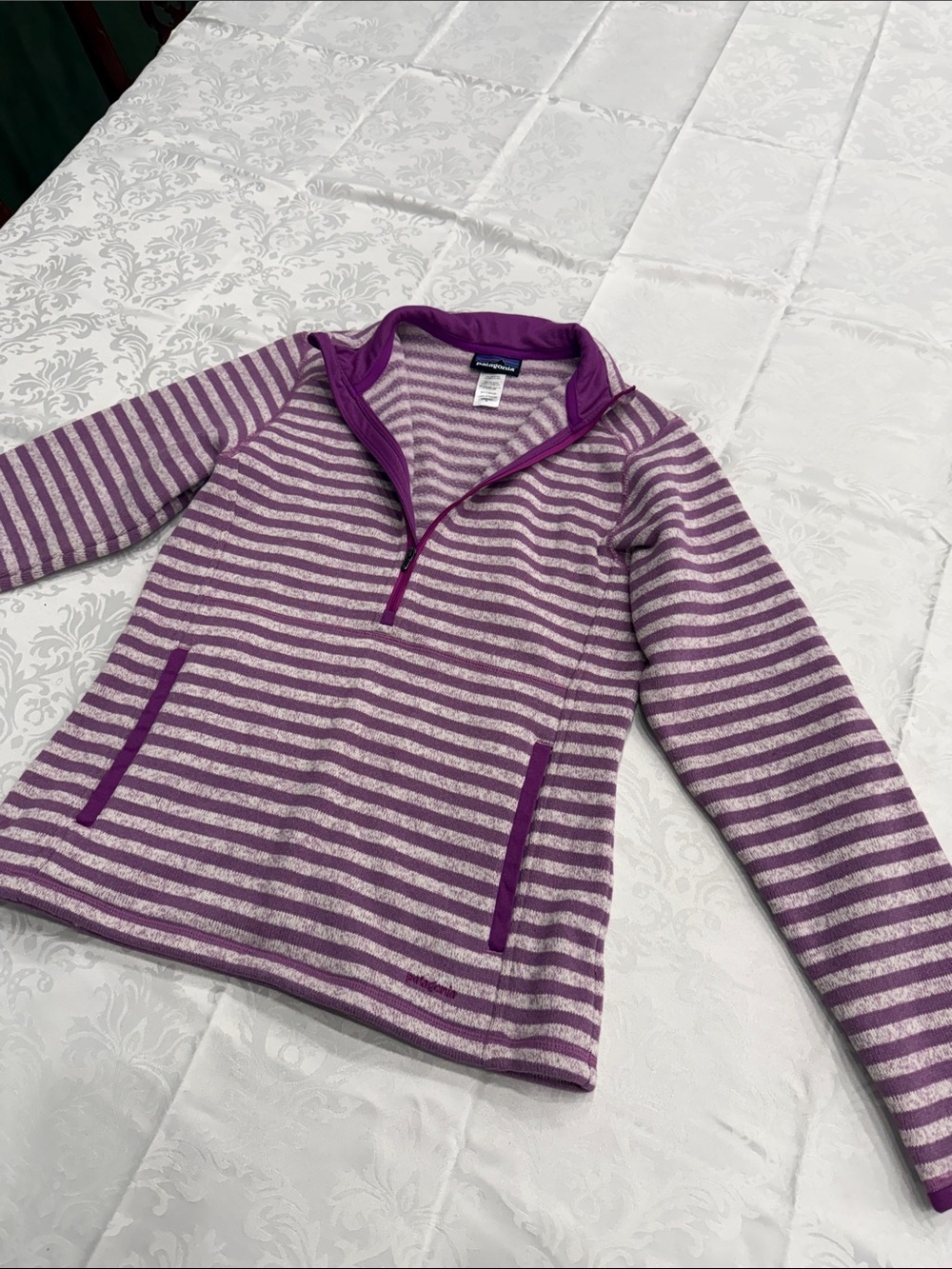 Patagonia Purple and Light Gray Striped Half-Zip Pullover